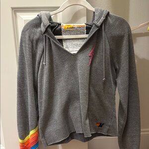 Aviator Nation Gray Hoodie with Rainbow and Pink Accents